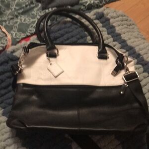 White and black Leather Bag with Logo Tag